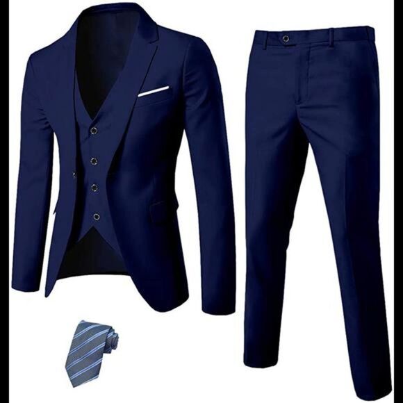 Men's 3 Piece Slim Fit Suit Set, Jacket Vest Pants with Tie - Picture 1 of 6
